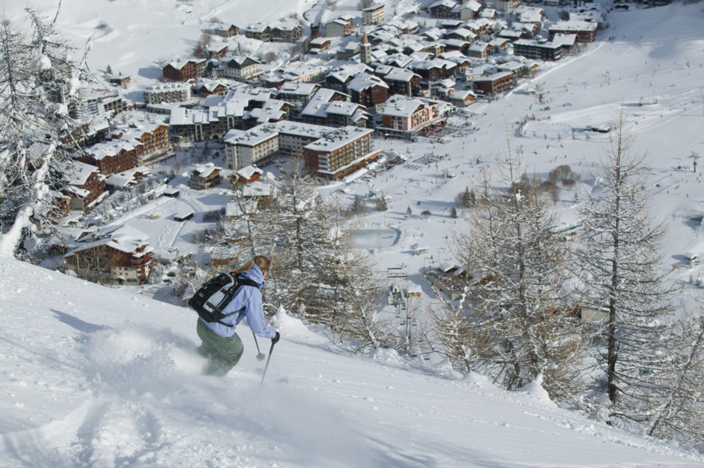 Skiing down into Val d'Isere.