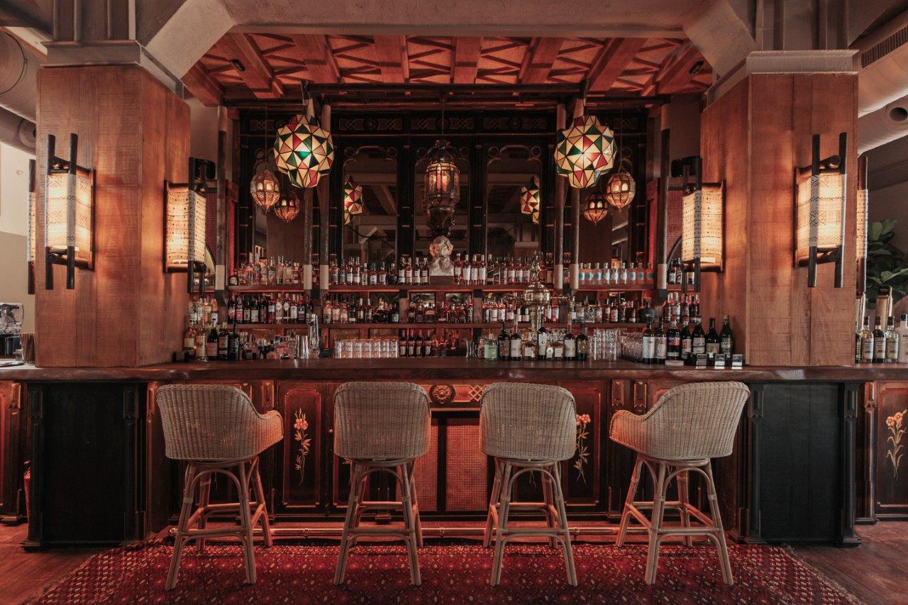 View of the ground floor vintage style bar in the interior of the Trocadero Casa de Botes port restaurant